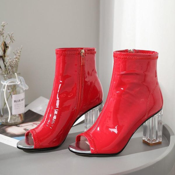 

boots patent leather summer for woman open toe crystal high heels shoes platform black red gladiator sandals