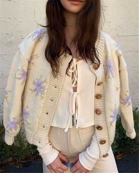 

women's sweaters long sleeve beige sweater cardigan floral hand embroidery knitted spring/autumn fall for women pull jumper 3m14, White;black
