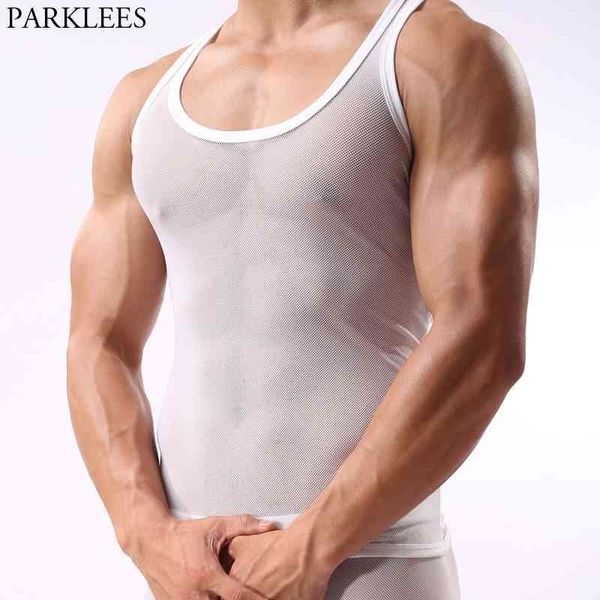Sexy ver através de tanques de malha top homens sem mangas cabeceira macho branco macho perspectiva transparente transparente undershirt 210522