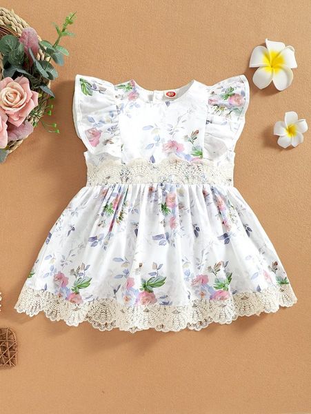 

baby floral print contrast guipure lace ruffle trim dress she01, Red;yellow