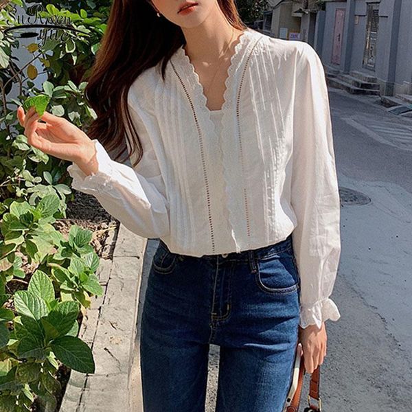

women's blouses & shirts spring loose v-neck shirt lace pleated design white long sleeve ruffled female cotton blouse women 13157