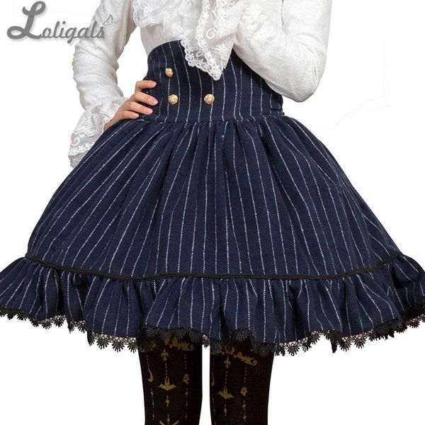

classic striped high waist knee length skirt with lace trimming skirts, Black