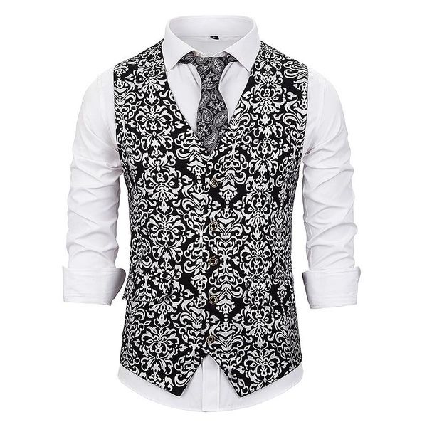 

men's vests business formal dress vest slim fit floral jacquard waistcoat men party wedding tuxedo for male chalecos para hombre, Black;white