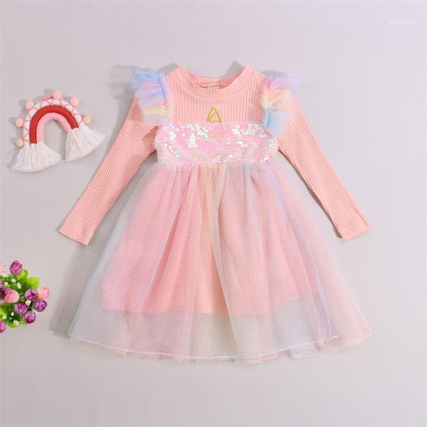 

clothing sets 2-7 years old baby girls breathable sequins dress rainbow mesh splicing long sleeve o-neck princess dresses toddlers party1, White