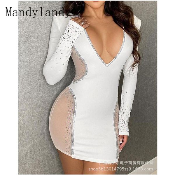

casual dresses mandylandy women's mesh hollow out diamond bodycon dress lady elegant fashion long sleeve v neck high waist corset, Black;gray