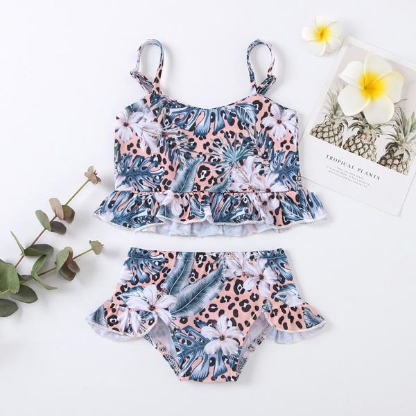 

one-pieces 2021 summer swimsuit toddler baby kids girls leaves floral swimwear beachwear tankini bow high waist 2pcs outfits clothes 1-5t, Black