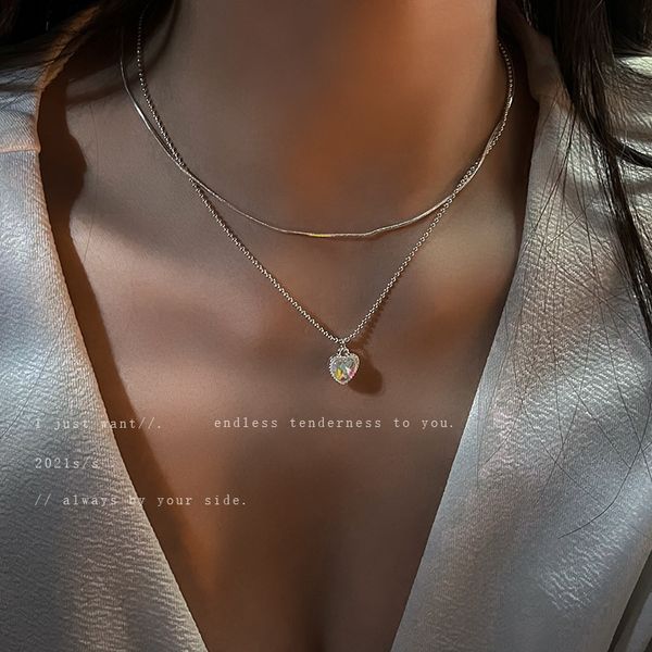

925 silver needle love double layer korean simple fashion clavicle chain temperament earrings necklace female