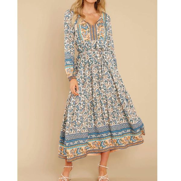 

casual dresses vintage print long dress women autumn sleeve bohemian woman streetwear lace-up maxi robe, Black;gray