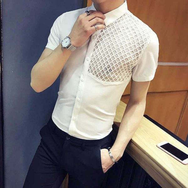 

lace hollow see through shirt men casual slim fit short sleeve shirts men dress night club party clothing camisa masculina 210527, White;black