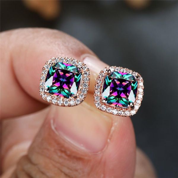 

stud rose gold silver color small earrings multicolor crystal square zircon charm rainbow opal stone for women, Golden;silver