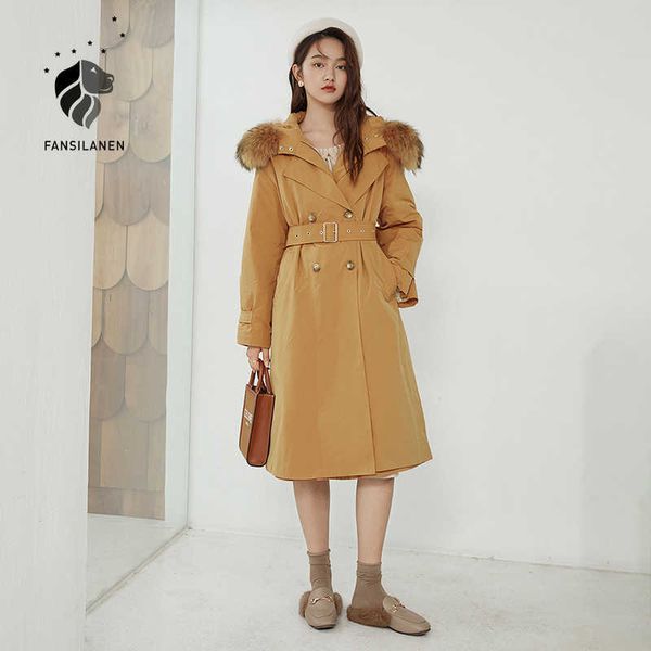 

fansilanen waterproof hooded long winter down coat women belt wram oversized puffer thermal jacket female casual parka 210607, Black