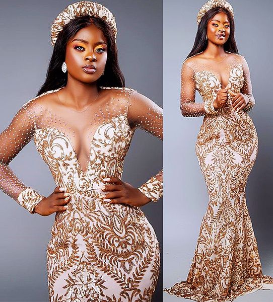 

2021 plus size arabic aso ebi mermaid lace gold prom dresses sheer neck beaded sparkly evening formal party second reception gowns dress zj5, Black