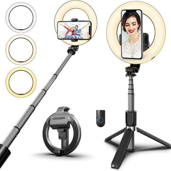 

wireless bluetooth selfie stick foldable handheld remote shutter tripod with 5inch led ring pography light monopods