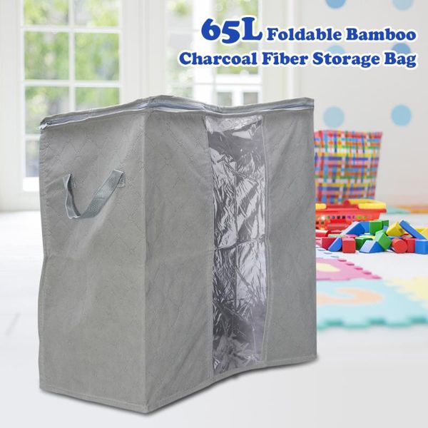 

storage bags 65l foldable anti-bacterial breathable bamboo charcoal fiber clothes blanket bag organizer box (grey)