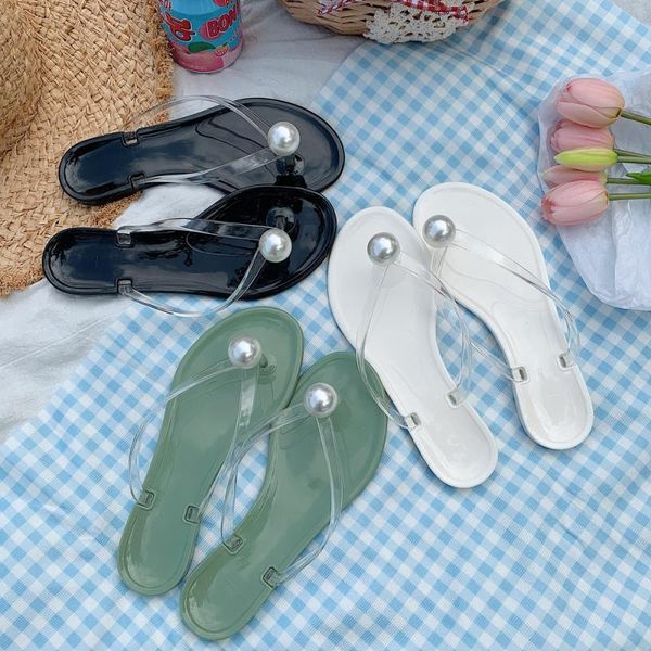 

slippers summer imitation pearls women sweet girly heart flip flops jelly color female slides flat anti-slip outdoor indoor shoe, Black