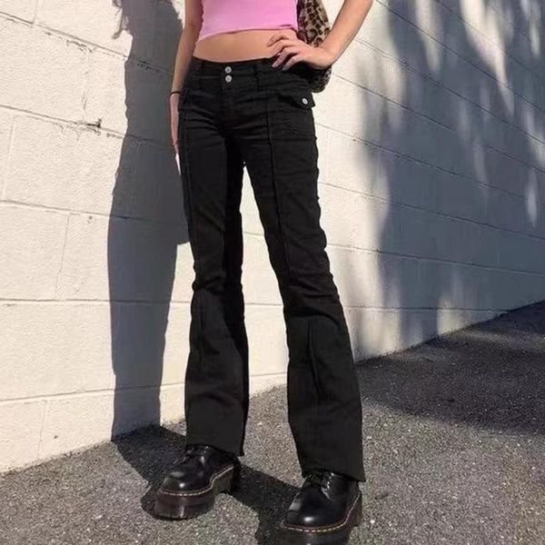 

women's pants & capris vintage black slim jeans women 2021 autumn casual pockets trim low rise denim femme retro streetwear flare chic, Black;white