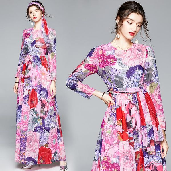 

casual dresses simgent maxi chiffon print women long sleeve a line flared beach holiday with lining vestidos robe femme sg18111, Black;gray