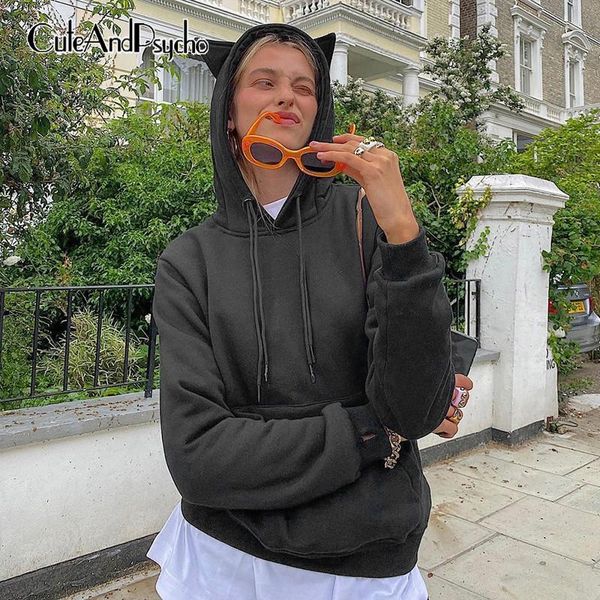 

women's hoodies & sweatshirts streetwear fashion loose women front pockets hooded shirts chic solid vintage cute autumn 90s outfits cut, Black