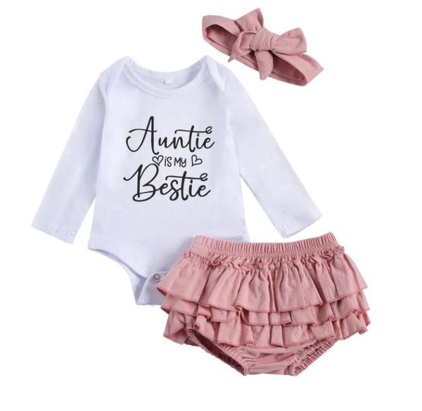 

kids baby girls long sleeve letter printed romper suit ruffles shorts clothing set sets, White