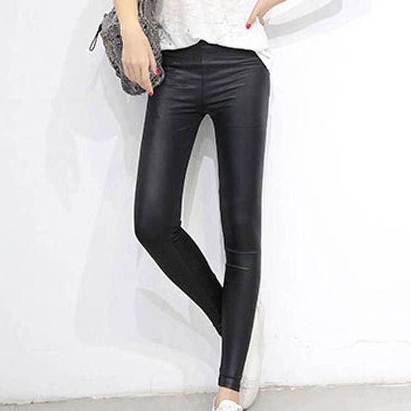 

spring women's trousers simulation leather slim elastic comfortable thin pants fashion solid color casual & capris, Black;white