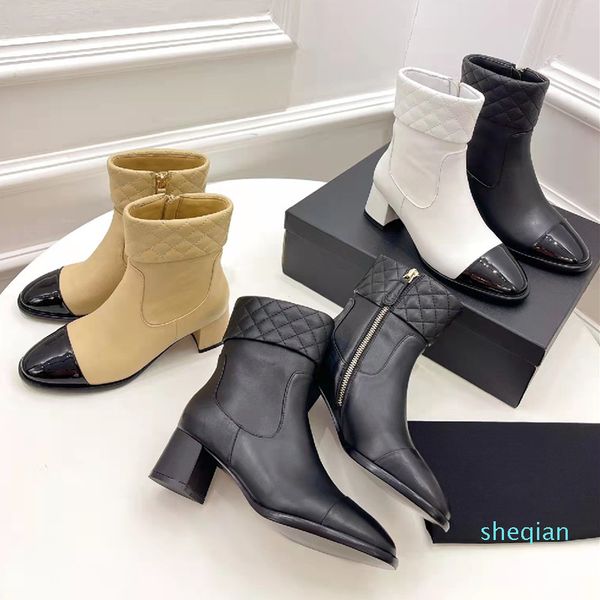 

designer boots sqaure heels round toe ankle bootie designer chic women shoes luxury woman shoe mixed colors diamond, Black