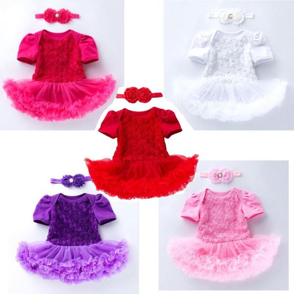 

girl's dresses baby girl dress ruffle tutu clothing vestidos retro roses princess shabby bead double flowers headband, Red;yellow
