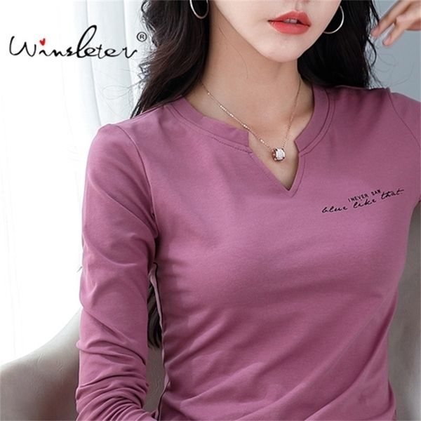 

spring cotton t-shirt women casual v-neck slim stretchy letters print long sleeve tees tshirt women clothing t01302y 210324, White