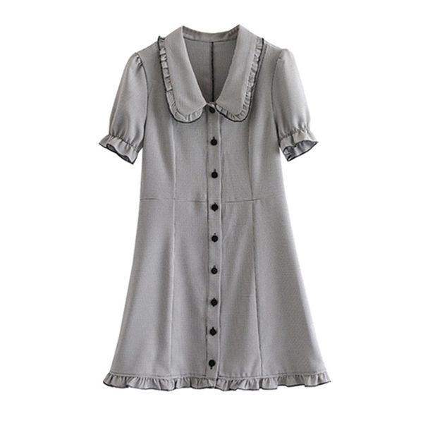 

black white houndstooth ruffle turn-dwon collar single-breasted short sleeve mini dress spring elegant d1013 210514, Black;gray
