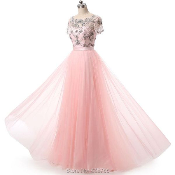 

party dresses crystal formal gown evening vestido de festa short sleeves floor length tulle pink prom long, White;black