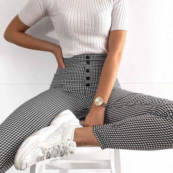 

women's pants & capris women high waist pencil casual fashion lady buttons slim fit trousers black white plaids female