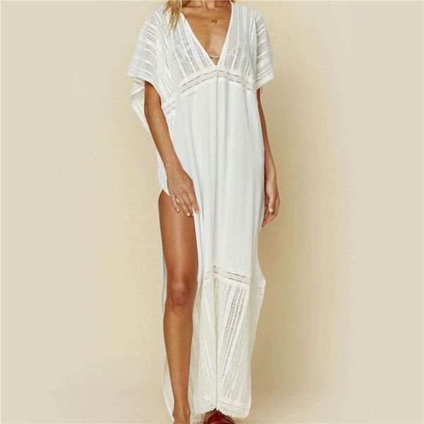 

casual dresses 2021 deep v-neck bats sleeve side split loose summer beach dress plus size women beachwear kaftan robe maxi n1001, Black;gray