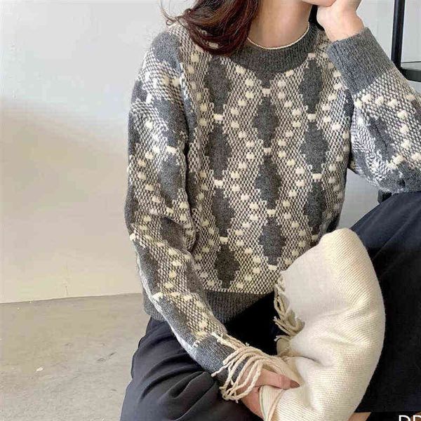 

loose autumn sweater new argyle korean 2021 o-neck casual slimming vintage streetwear elegant basic chic knitted, White;black