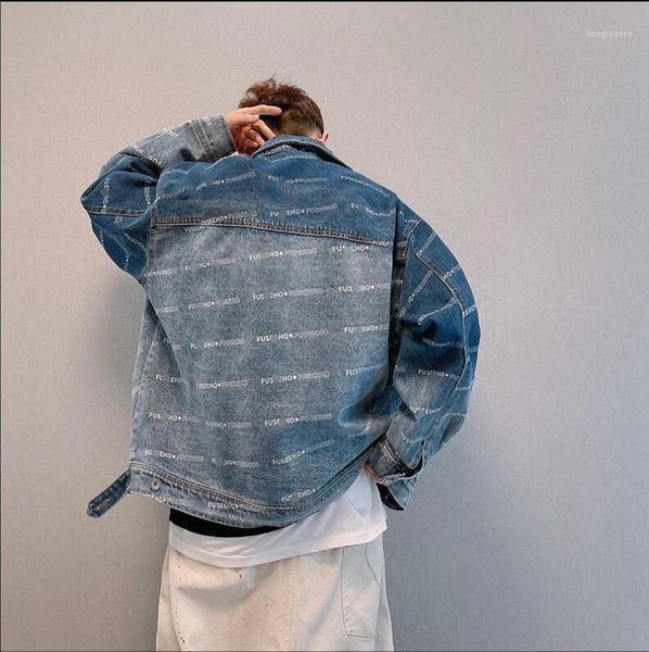 

men's jackets fall 2021 china tide heavy wash tie-dye letters full gradient blue denim jacket men, Black;brown