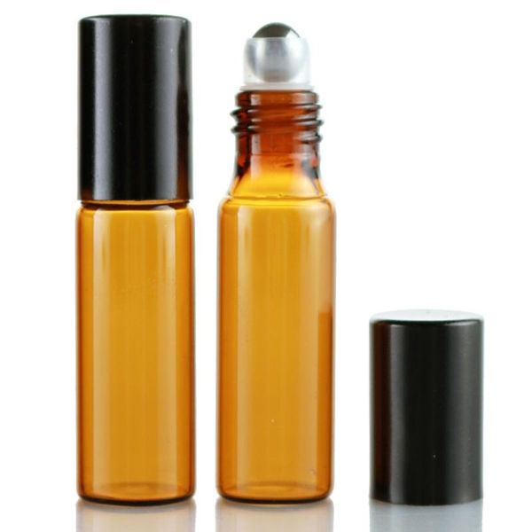 2022 novo 5ml frascos de perfume de perfume marrom rolo recarregável para óleos essenciais copos de vidros com aço ou
