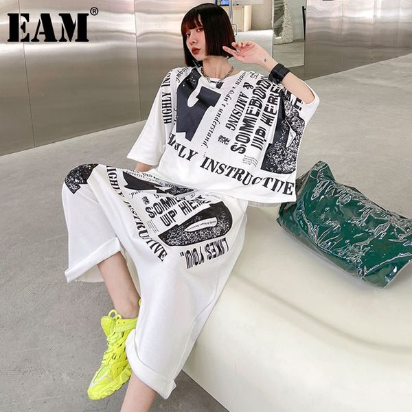 

[eam] wide leg pants two piece print suit round neck three-quarter sleeve black women fashion spring summer 1dd7190 21512, White