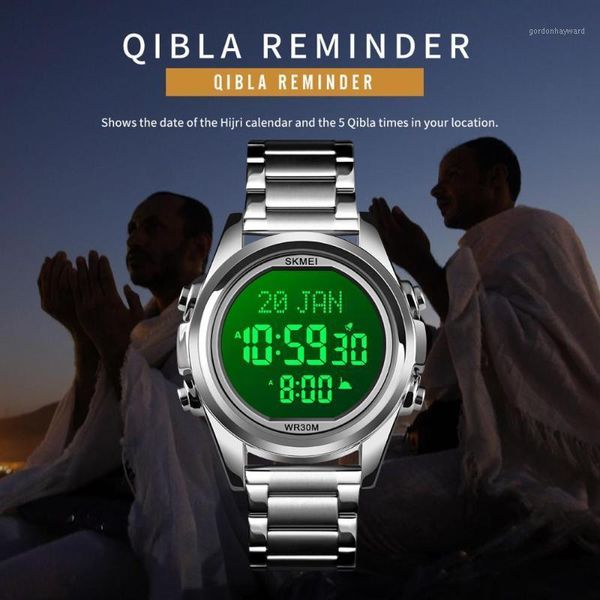 

muslim azan clock wristwatches men watch for prayer with qibla compass adhan alarm hijri calendar islamic al harameen fajr time, Slivery;brown