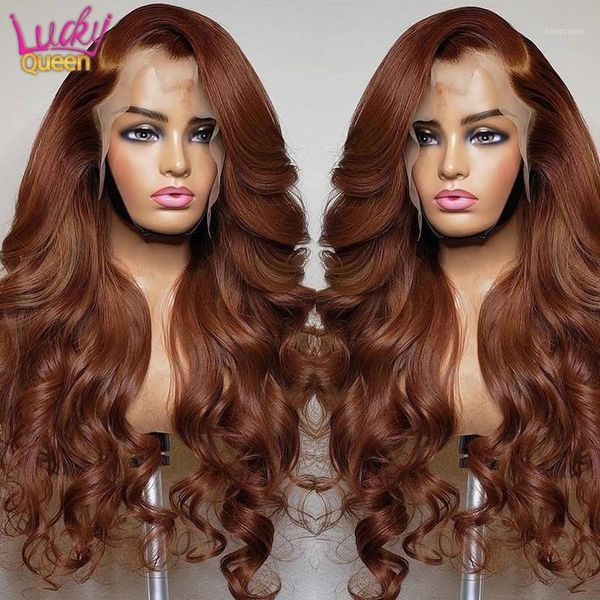 

chestnut brown color human hair wigs pre-plucked for women 13x4 hd lace front lucky queen malaysian body wave closure1, Black;brown