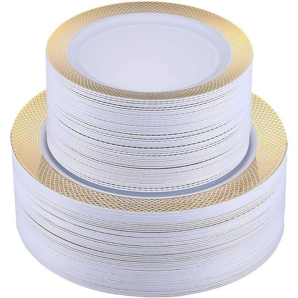

disposable dinnerware 20 pieces of party tableware round gold mesh lattice plastic plate heavy duty wedding banquet
