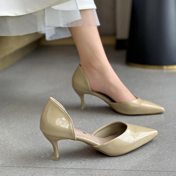 

dress shoes ladies high heels 2021 pointed soft leather women stiletto mid-heel hollow sandals, Black