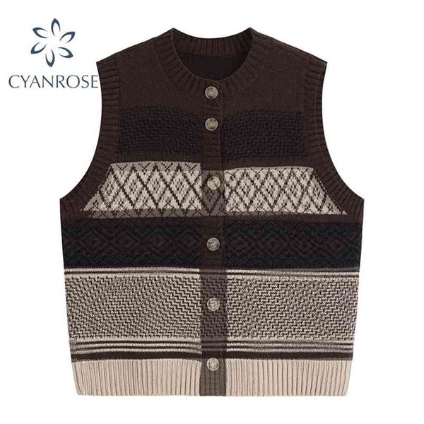 

vintage single breasted waistcoat and sleeveless sweater vest cardigan elegant female fashion striped o neck knitted 210515, White;black