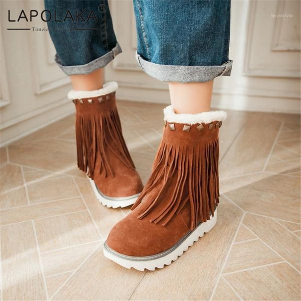 

boots lapolaka 2021 brand big size 43 comfy non slip tassel warm snow woman shoes slip-on rivet ankle boot office lady1, Black