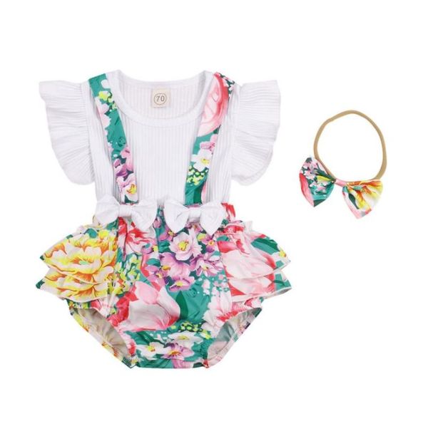 

clothing sets 3 pcs born summer outfits baby girl ribbed sleeve round neck t-shirt flower print suspender pants bowknot headband, White