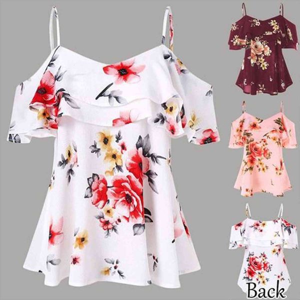 

bababuy plus size fashion womens camis off shoulder spaghetti strap floral printed summer chiffon blouse, White