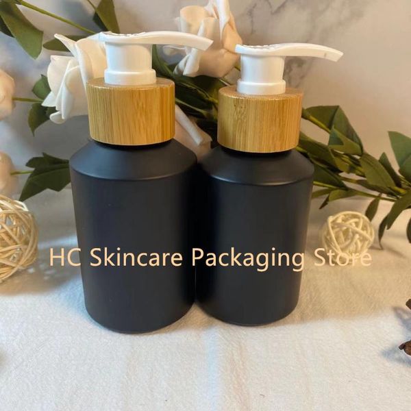 

wholesale eco friendly matte black glass engraving logo bamboo bottles cosmetic container packaging skin care tools bulk storage & jars
