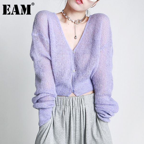 

[eam] knitting cardigan purple green short sweater loose fit v-neck long sleeve women fashion spring autumn 1dd6304 21512, White;black