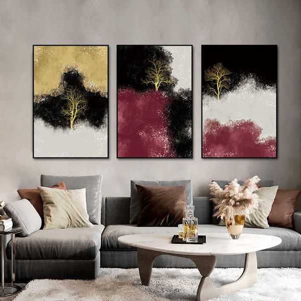 

paintings black and golden tree abstract wall art poster modern scandinavian aesthetic canvas interior living room decoration