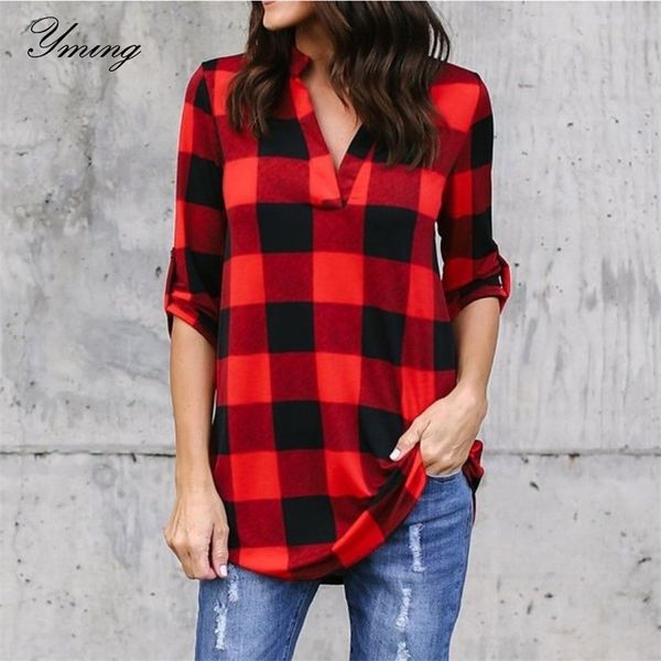 

yming boho women blouse plaid shirts long sleeve ladies turn down collar white blusas fashion tunic shirts woman clothes 220311