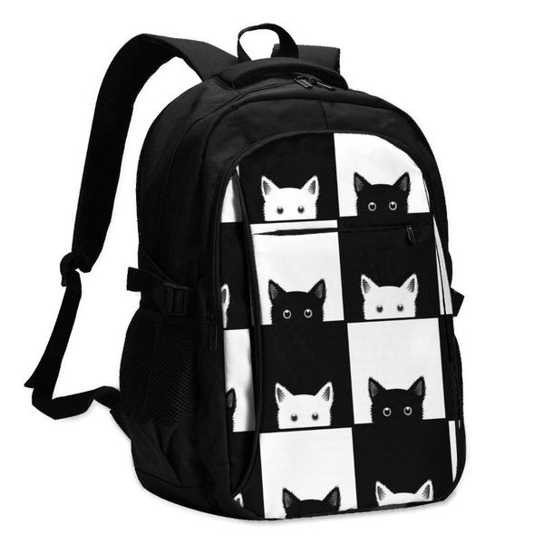 

backpack usb boys cycling sports travel versatile fashion black white cat chess board student school