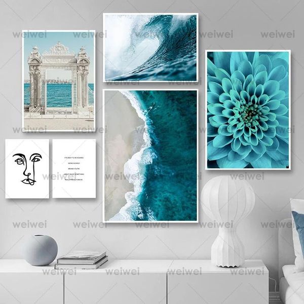 

paintings waves blue flower ocean wall poster sea beach landscape canvas print nordic painting scandinavian art room decoration picture