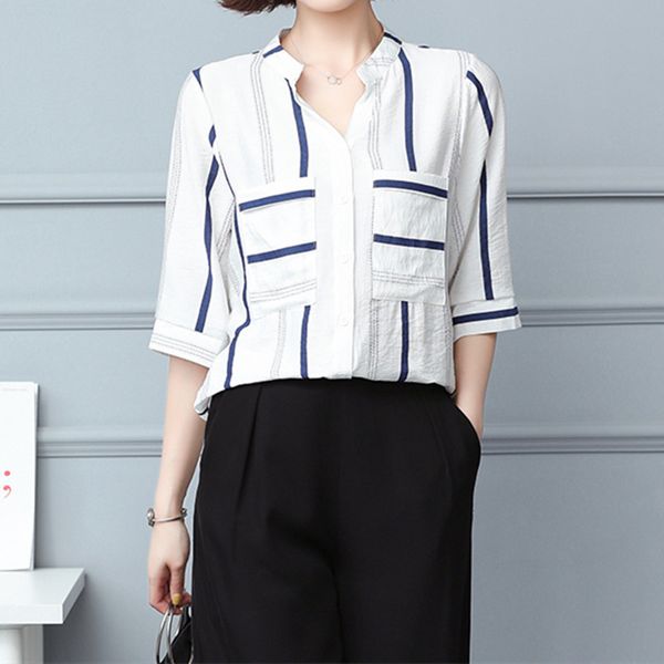 

korean chiffon women's shirt short sleeve blouses for women striped shirts female polo neck solid woman and 210427, White